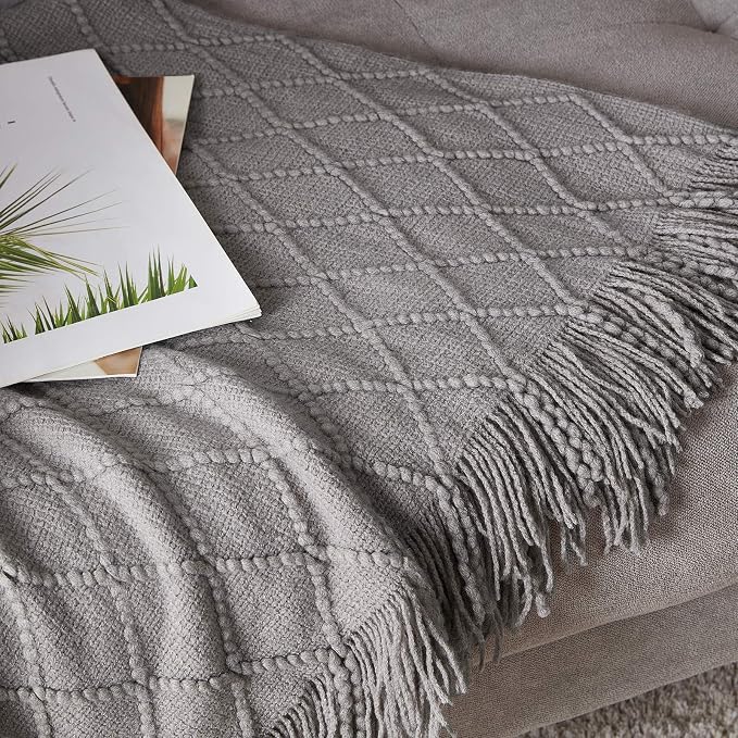 BOURINA Light Grey Throw Blanket 50x60 Inch Knitted Soft Throw Sofa Blanket | Knitted Throw Blanket 50x60 Inches, Soft Lightweight Boho Weave Throw Decorative Couch Blanket for Living Room Bedroom Chair