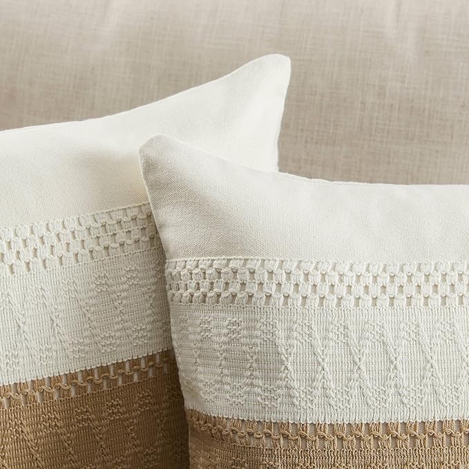 2 Pack Boho Throw Pillow Covers, Contrast Brown 20x20in | Soft Breathable Cotton, Farmhouse Decorative Couch Pillow Cases, Cushion Covers for Sofa Bed Living Room Home Decor