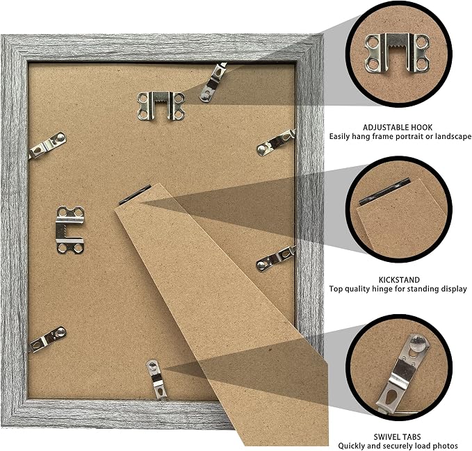 Hongkee 8x10 Picture Frame Set of 4, Made of Real Glass and Grey Wooden Frame, 8 by 10 Photo for Wall or Tabletop - Display Picture 5x7 with Mat or 8x10 Without Mat