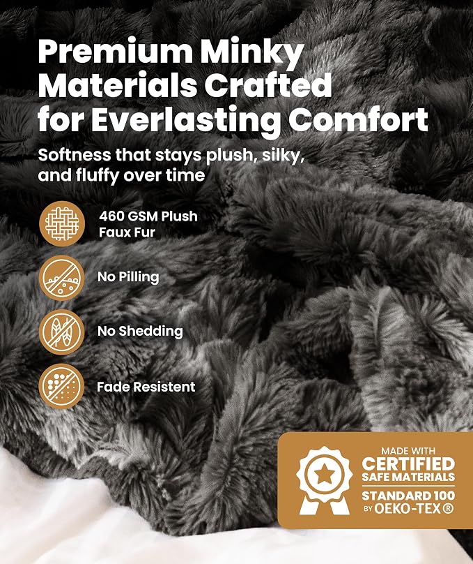 Everlasting Comfort Gray Faux Fur Throw Blanket for Couch – 50"x65" Minky Plush & Fluffy Throw, Soft Cozy Cover for Bed, Sofa & Living Room Home Decor (Pack of 2)