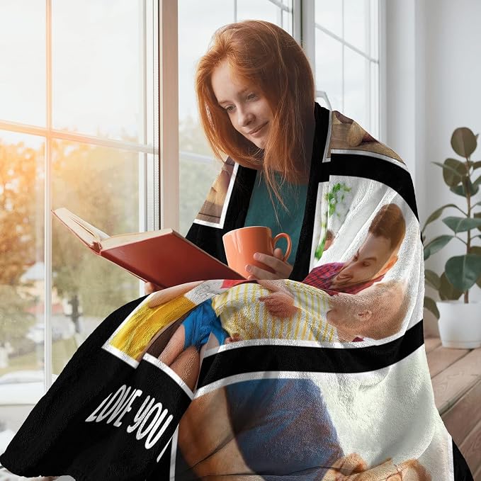 Custom Dad Blanket with Photos, Personalized Blanket with Picture | Customized Fathers Day Birthday Gifts from Daughter Wife, Christmas Birthday Gifts for Him Her Women Men