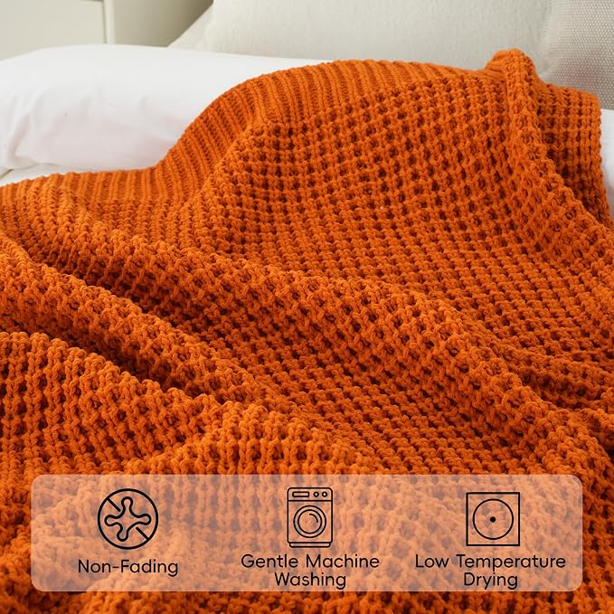 Burnt Orange Throw Blanket for Couch, Fall Waffle Knit Throw Blanket 50x60 | Chunky Chenille Throw Blanket, Soft Warm Decorative Fall Blanket for Sofa Bed, Ideal Fall Home Decor