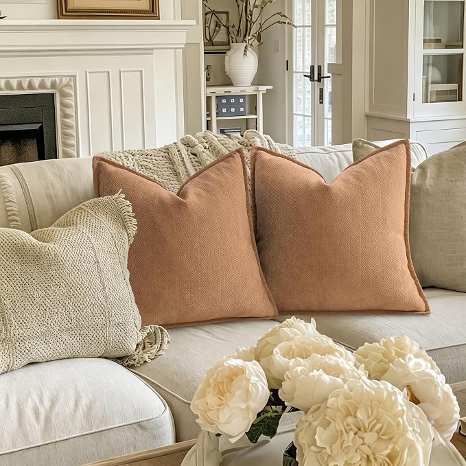 Camel Pillow Covers 24x24 Set of 2 Chenille Throw Pillow Covers with Elegant Design Soft and Luxurious Decorative Throw Pillows for Couch, Bed, and Home Decor