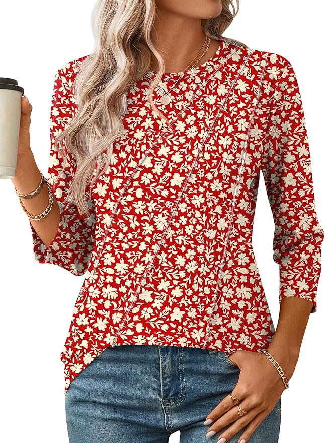 LOMON 3/4 Length Sleeve Womens Tops Spring Summer Fashion 2026 Tops Crew Neck Pleated Shirts Tunic Top Loose Fit