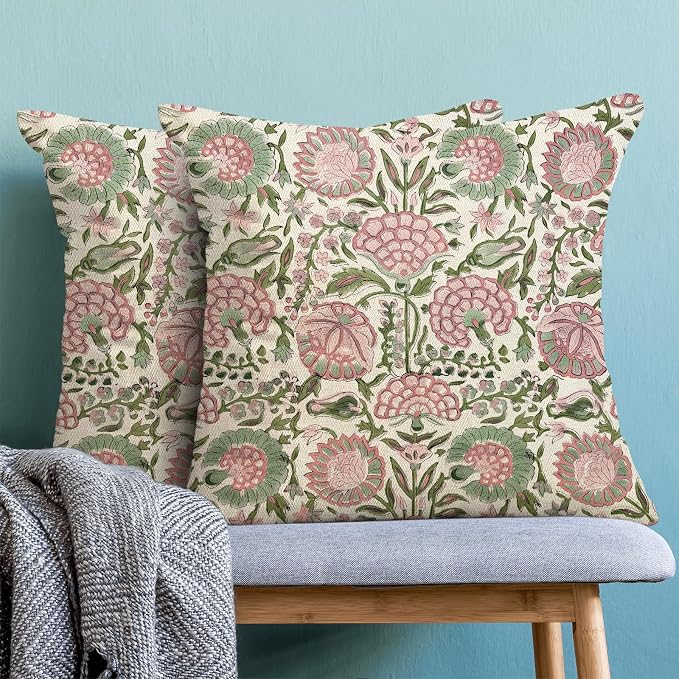 Block Print Pillow Covers 18x18 Inch Pack Of 2 Boho Pink Green Floral Decor Throw Pillow Covers Spring Summer Flower Pillowcase Outdoor Farmhouse Decorative Square Cushion Cover for Sofa Couch
