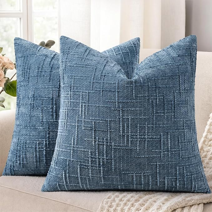 decorUhome Textured Chenille Throw Pillow Covers 22x22 Set of 2 Blue | Fall Modern Farmhouse Soft Cozy Slubby Couch Pillow Cases Boho Decorative Pillow Cases for Bed Sofa Living Room Home Decor