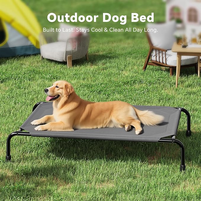 Simple Trending Raised Dog Bed for Large Dogs, Waterproof Elevated Dog Cot | Cooling Breathable Pet Hammock Bed, Washable Mesh, Indoor or Outdoor Use, Anti-Slip Feet, Portable, 47.75" x 30.5", Dark Grey