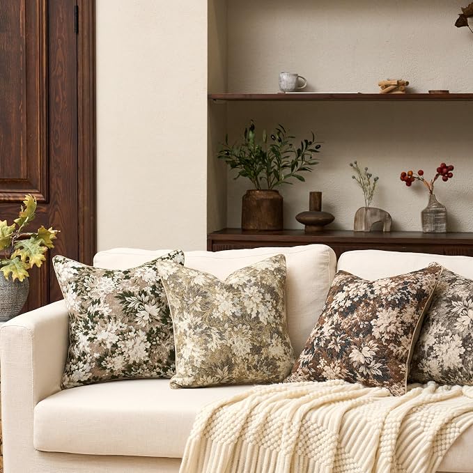 Neutral Floral Pillow Cover 24 x 24 Inches, Vintage Chenille Square Throw Pillow Cover Soft Decorative Farmhouse Accent Couch Pillow Cover for Living Room Bedroom, Beige