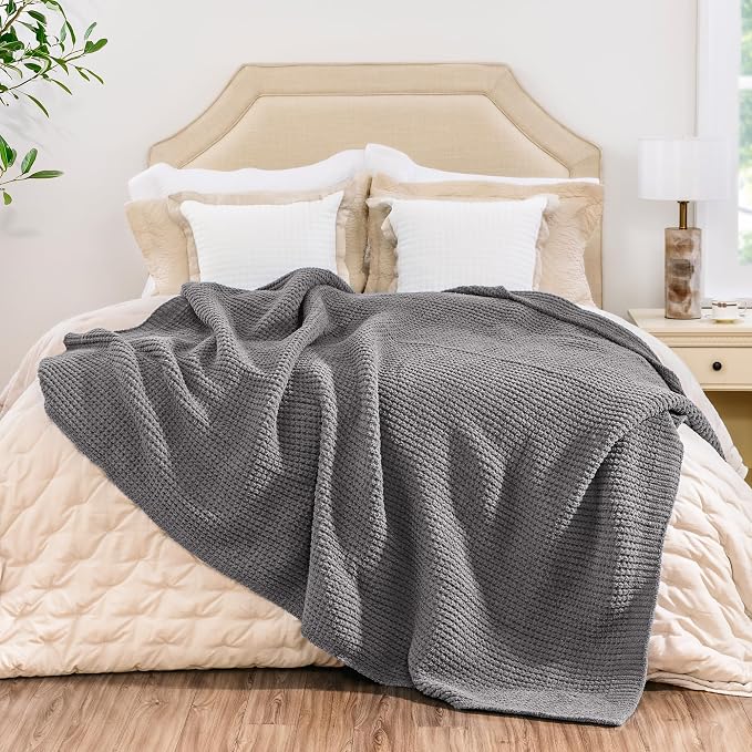 Waffle Knit Throw Blanket for Couch, Soft Cozy Chunky Knit Thick Knitted Blanket for Sofa, Bed, Gift for Women Girls Home Decor (Grey, Twin 60"x80")