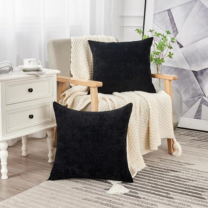 GAWAMAY Decorative Chenille Throw Pillow Covers 26x26 Inch Pack of 2, Soft Square Couch Pillow Cover for Sofa Cushion Living Room Bedroom Solid Dyed Oversized Pillowcases Black 66x66cm (ONLY Covers)