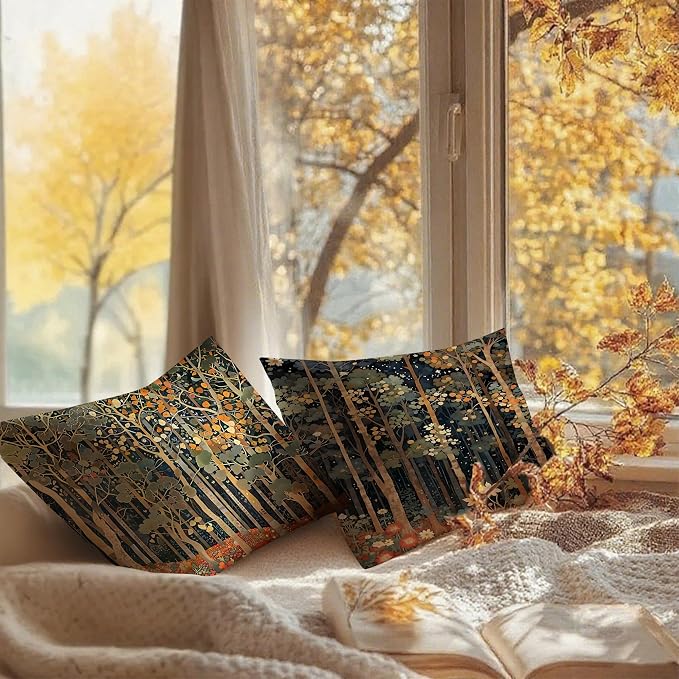 Rustic William Morris Inspired Autumn Forest Pillow Covers 20x20 Set of 2, Fall Home Room Decor, Vintage Botanical NatureDecorative Throw Pillow Covers for Home Bedroom Living Room