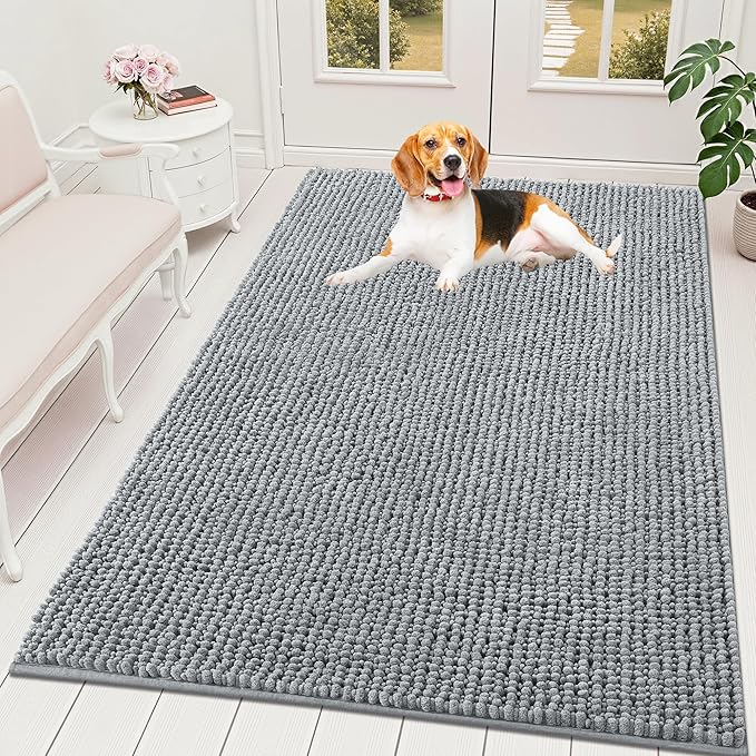 OLANLY Dog Door Mat for Muddy Paws 59x35, Extra Absorbent Chenille Mud Mat | Grey, Absorbs Moisture and Dirt, Non-Slip Machine Washable Doormat, Quick-Drying Indoor Entryway Floor Mat for Dogs