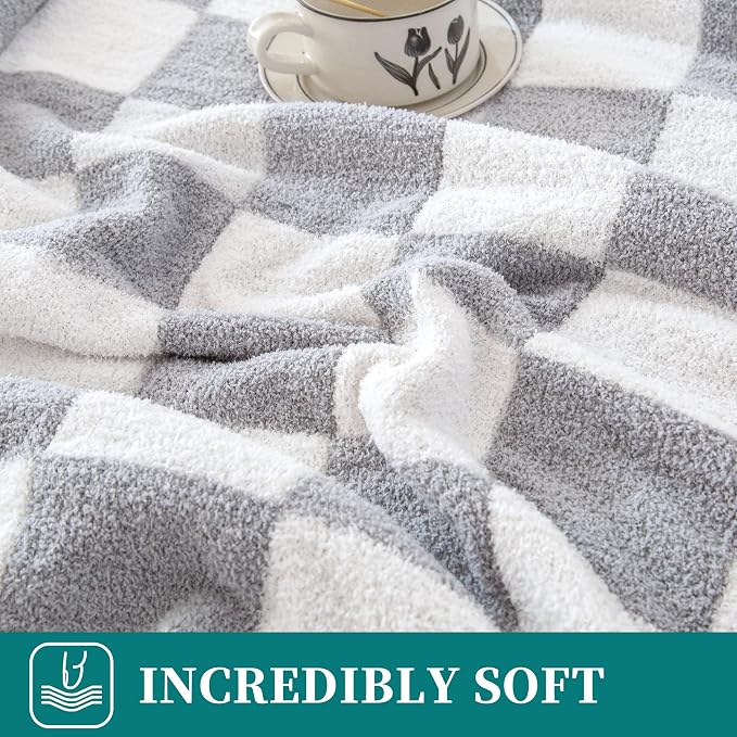 SeaRoomy Fuzzy Checkered Throw Blanket for Couch,Light Grey 60"X79" | Warm,Cozy,Fluffy,Lightweight,Gift for Women Couch Sofa Bed Room Decor