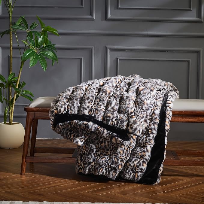 Leopard Faux Fur Bed Blankets 80''x90'', 750 GSM Double Sided Fluffy Warm Thick Bubble Furry Blanket for Bed, Sofa, Couch, Travel, Super Cozy Plush Cheetah Print Throw Blanket for All Seasons