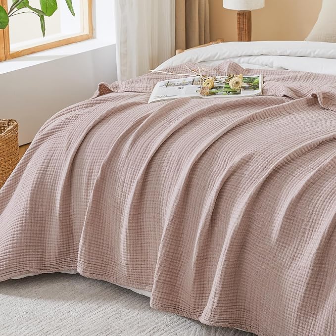 EMME Cotton Muslin King Blanket Breathable Gauze Soft Lightweight Blankets Adults Gifts for Women (Heather Dusty Pink, 108"x90")