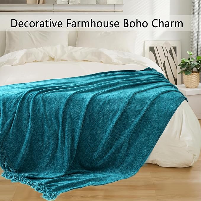 Chenille Throw Blanket for Couch 60" x 80" Twin, Teal | Soft Cozy Warm Throws with Fringe Tassel, for Living Room Bed Sofa Chair Cover, Lightweight Knitted Decorative Boho Blankets