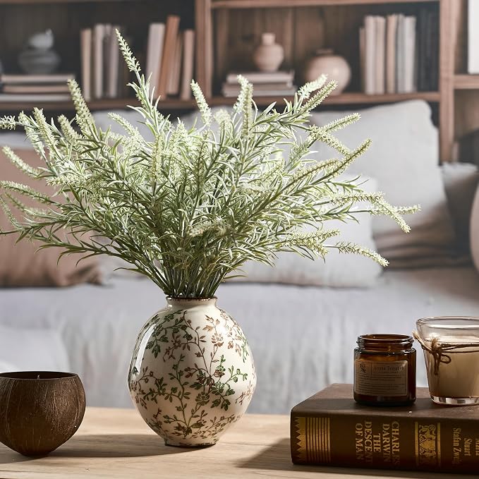 Green and Beige Antique Vase, 5.83 Inch Vintage Chinoiserie Floral Vase, Rustic Ceramic Vase for Home Decor, Living Room, Bookshelf, Office, Entryway, Garden, Chinoiserie Decor, Tuscan Decor