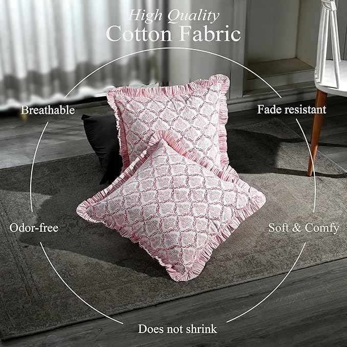 CPC Blush Rose Hand Block Print 100% Cotton Ruffle Throw Pillow Cover 24x24 inch with Hidden Zipper Decorative for Couch, Bed, Sofa, Farmhouse, Cottagecore Decor Gift Christmas Fall Thanksgiving