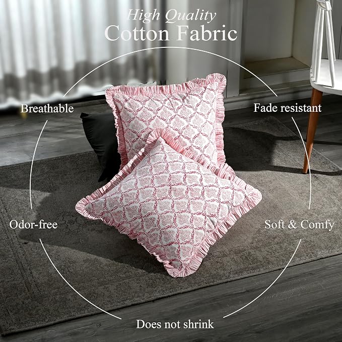 CPC Blush Rose Hand Block Print 100% Cotton Ruffle Throw Pillow Cover 20x20 inch with Hidden Zipper Decorative for Couch, Bed, Sofa, Farmhouse, Cottagecore Decor Gift Christmas Fall Thanksgiving