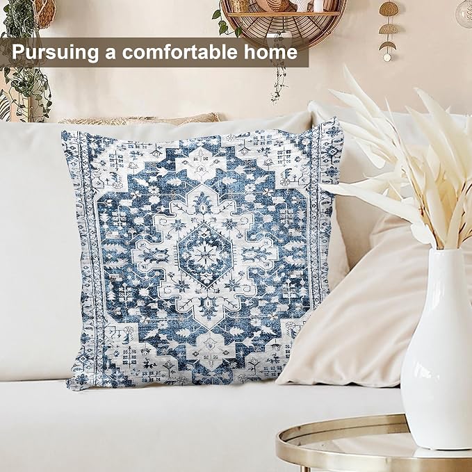 Boho Throw Pillow Covers 22x22 inch Set of 2,Soft Pillowcases Bohemia Carpet Printing Pattern Decorative Sofa Living Room Bed Square Pillow Case Cushion Cover-Blue White