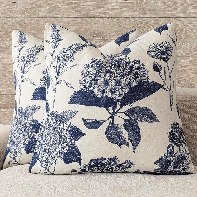Foindtower Set of 2 Linen Floral Vintage Throw Pillow Covers Neutral Accent Print Decorative Cozy Cushion Covers Farmhouse Boho Home Decor for Sofa Chair Couch Bed Living Room,20×20 Inch,Navy Blue