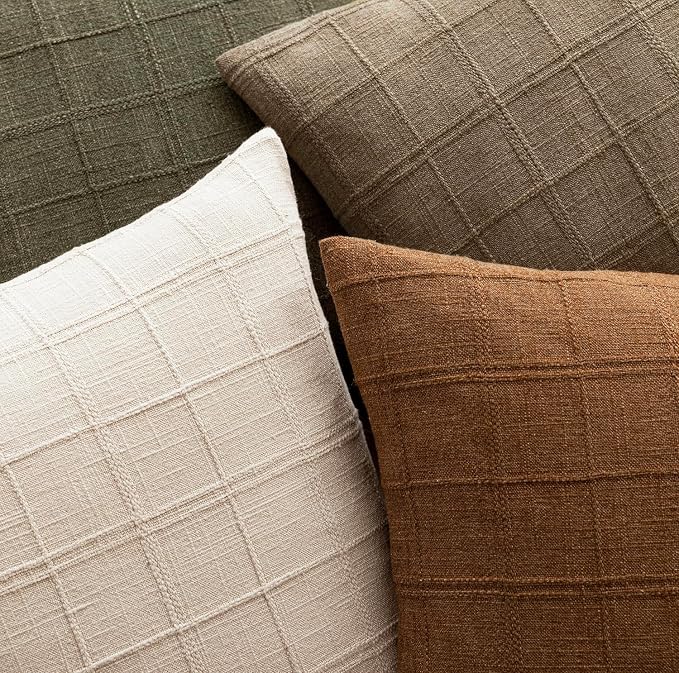 Foindtower Set of 2 Decorative Linen Check Throw Pillow Covers Neutral Farmhouse Lumbar Cushion Covers Modern Boho Home Decor for Sofa Chair Couch Bedroom Living Room,12×24 Inch,Brown Hazel