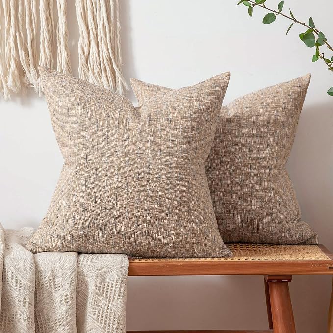 MIULEE Pack of 2 Decorative Burlap Linen Spring Throw Pillow Covers Modern Farmhouse Pillowcase Rustic Woven Textured Cushion Cover for Sofa Couch Bed 20x20 Inch Tan