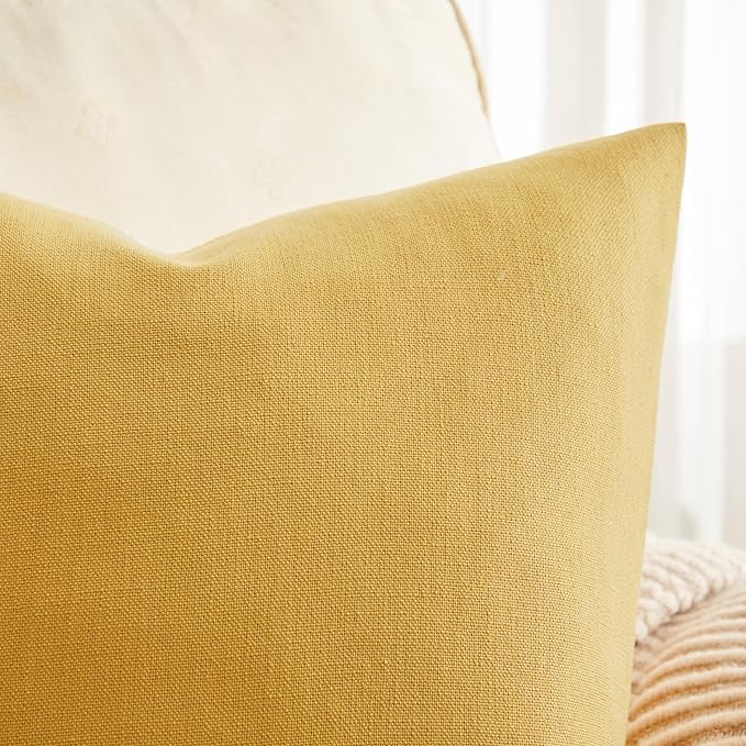 Rustic Linen Throw Pillow Covers Set of 2, Yellow 18x18in | Textured Pillow Case, Rustic Cotton Linen Fabric, Modern Farmhouse Cushion Covers for Sofa Bed Living Room Home Decor