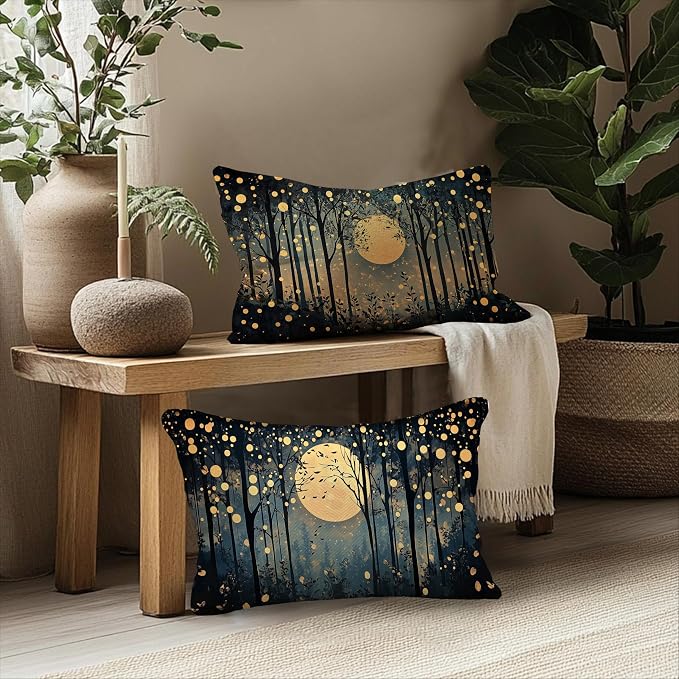 Vintage William Morris Inspired Gold Moon Pillow Covers 20x12 Set of 2,Rustic Black and Gold Forest Moon Botanical Nature Landscape Decorative Throw Pillow Covers for Home Bedroom Living Room