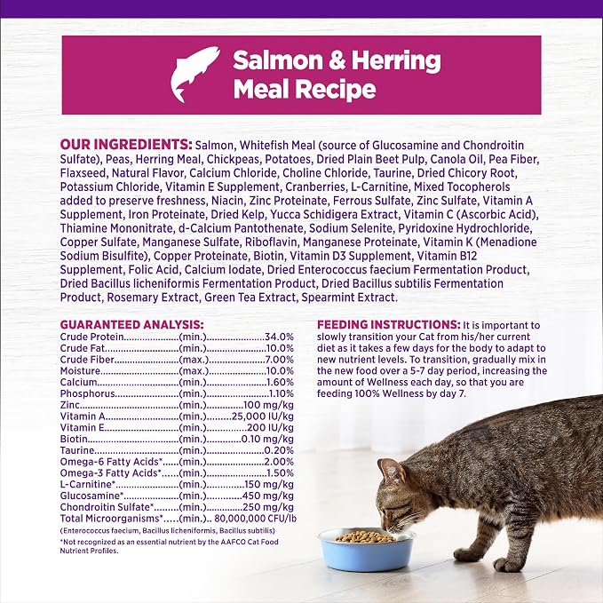 Wellness Complete Health Adult Dry Cat Food for Indoor Cats, Natural, Grain Free Kibble, Salmon and Herring Meal Recipe, 5.5 lb Bag