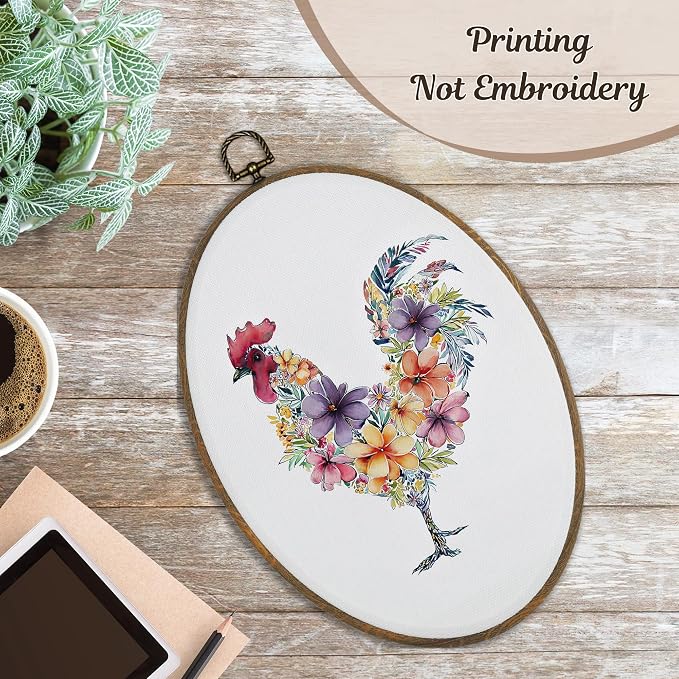 LKETW Floral Chicken Oval Wall Art Decor, Rustic Cottagecore Flower Chicken Oval Canvas Hanging Decor, Farmhouse Farm Animal Wall Decorations for Kitchen Home Bedroom Living Room, 8.6x11.4 Inch