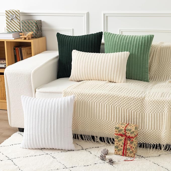 UGASA Velvet 20x20 Inch Soft Throw Pillow Covers Decorative Striped Corduroy Both Sides Solid Square Cushion Cases Boho Farmhouse for Couch Bedroom Sofa Home, Pack of 2, Dark Green