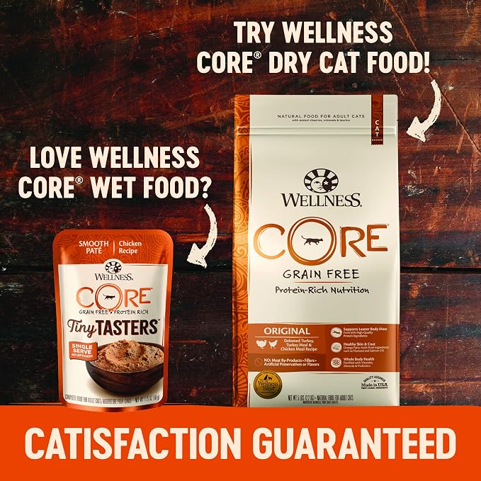 Wellness CORE Tiny Tasters Pate Variety Pack Adult Wet Cat Food, Natural, Protein Rich, Grain Free, Land Recipes, 1.75 oz, Pack of 12 Pouches