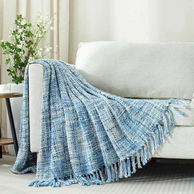 Multi-Color Cable Woven Throw Blanket for Couch - 60"X80" | Multicolored Boho Style,Super Soft Warm Cozy Chunky Blankets with Decorative Tassels for Bed and Sofa,Light Blue