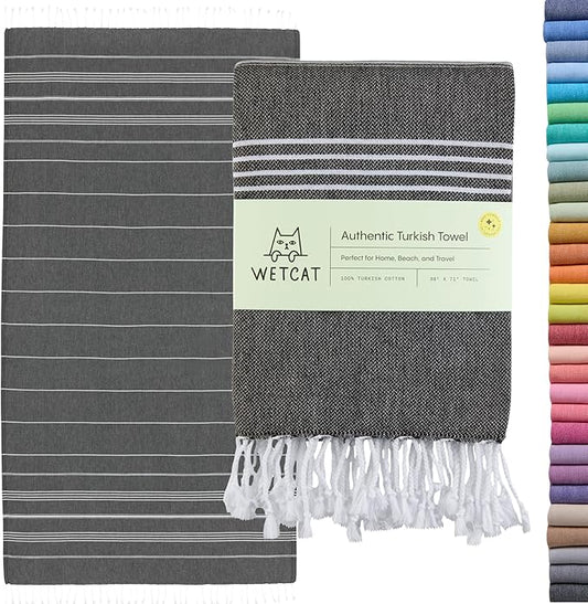 WETCAT Turkish Beach Towel Oversized (38"x71") 100% Turkish Cotton, Made in Turkey - Sand Free, Extra Large, Ultra Soft, Quick Drying, Compact & Lightweight for Travel - Black