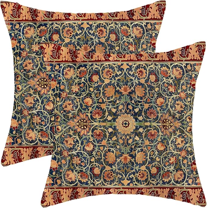 AEIOAE Boho Pillow Covers 18x18 Inch Set of 2,Carpet Pattern Throw Pillows Case,Blue Red Floral Ethnic Design Outdoor Decorative Square Linen Farmhouse Decor Cushion Covers for Home Sofa Bed Couch