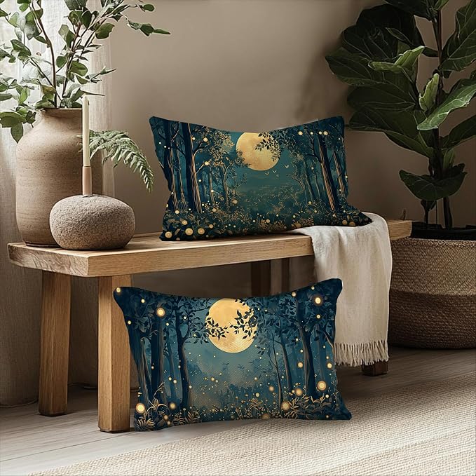 Rustic William Morris Inspired Night Moon Forest Decor Pillow Covers 20x12 Set of 2,Vintage Black and Gold Landscape Nature Botanical Decorative Throw Pillow Covers for Home Bedroom Living Room