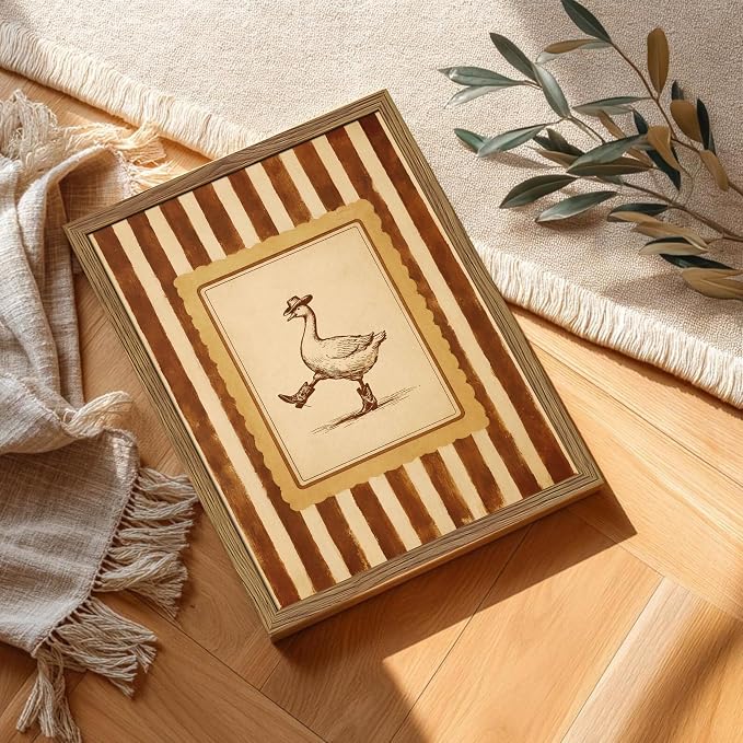 Vintage Cowboy Goose Wall Art, Western Silly Goose Canvas Wall Decor Painting, Funny Dancing Duck Animal Poster Print Picture for Nursery Living Room Bedroom Bathroom 16x24 Inch Framed