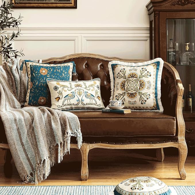 patdrea Designer French Vintage Linen Throw Pillow Cover,12"x20"-Wensel C | RusticDecorative Pillow Case,Bird and Floral Pattern,Cushion Coverfor Couch Living Room Bedroom Sofa