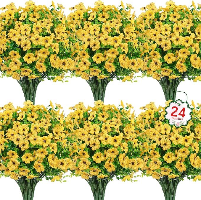 24 Pcs Artificial Flowers for Outdoors Decorations, Yellow | Lifelike silk flowers, UV resistant, faux plastic plants, for garden porch window table vase home indoor outdoor decor