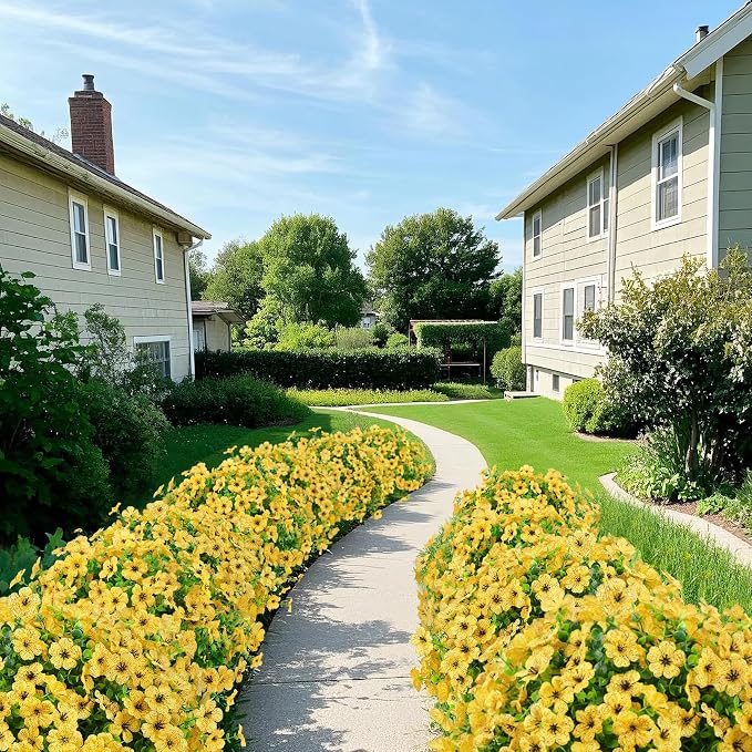 12 Pcs Artificial Flowers for Outdoors Decorations, Yellow | Lifelike silk flowers, UV resistant, faux plastic plants, for garden porch window table vase home indoor outdoor decor
