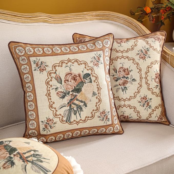 patdrea Vintage Linen Throw Pillow Cover,18"x18",Set of 2-ParkerEstate A | French Decorative Pillow Case with Zipper,Bird and Floral Pattern,Cushion Coverfor Couch Living Room Bedroom