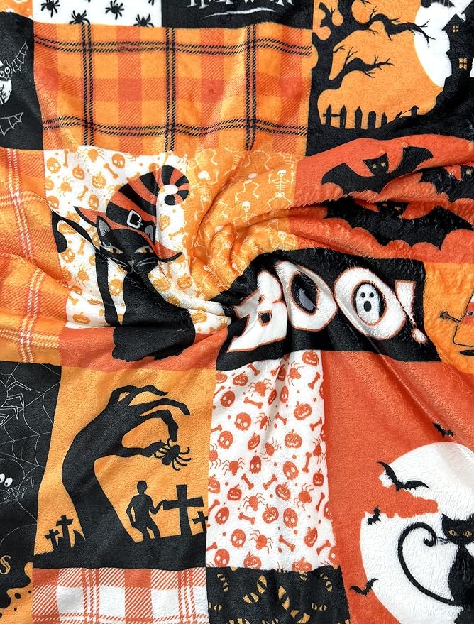 Halloween Fleece Throw Blanket, Patchwork Witch & Haunted House, 50x60 in | Ultra-soft cozy flannel fleece, for sofa couch bed chair & dorms, spooky Halloween décor, durable and machine washable.