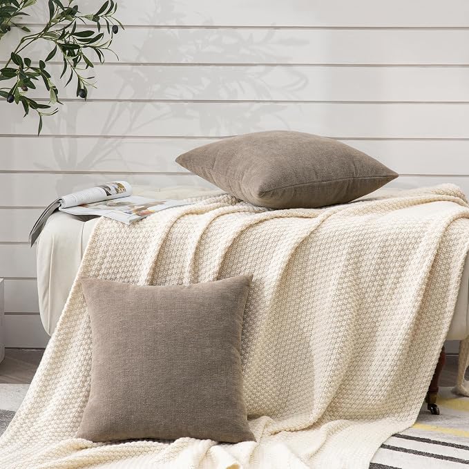 GAWAMAY Decorative Square Throw Pillow Covers 20"x20" Inch Set of 2, Super Soft Chenille Pillows Farmhouse Fall Pillowcase for Living Room Bedroom Sofa Couch Cushion Cover Taupe Grey 50x50cm