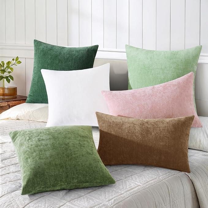 decorUhome Soft Chenille Olive Green Throw Pillow Covers 18X18 Set of 2 | Decorative Fall Couch Pillow Covers Solid Dyed Accent Modern Farmhouse Neutral Square Pillow Cases for Sofa