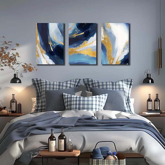 DNIEOTU Abstract Canvas Wall Art for Living Room, Blue and Gold Picture Prints Wall-Decor for Bedroom, Size 16 x 24 Inches 3-Pieces