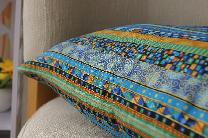 TAOSON Blue Stripe Bohemian Style Antique Cotton Blend Linen Sofa Throw Pillowcase Cushion Cover Pillow Cover with Hidden Zipper Closure Only Cover No Insert 24x24 Inch 60x60cm
