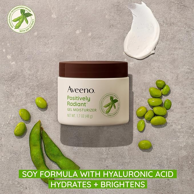 Aveeno Positively Radiant Brightening Gel Facial Moisturizer with Hyaluronic Acid & Tone-Correcting Soy, Hydrates for 48 Hours to Even Skin Tone & Texture, 1.7 oz