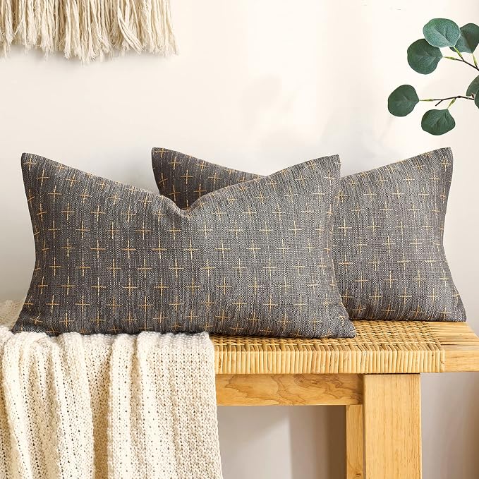 MIULEE Pack of 2 Decorative Burlap Linen Throw Pillow Covers Modern Farmhouse Pillowcase Rustic Woven Textured Cushion Cover for Sofa Couch Bed 12x20 Inch Dark Grey