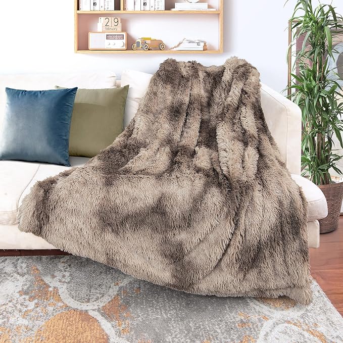 Decorative Extra Soft Faux Fur Throw Blanket,Solid Reversible Fuzzy Lightweight Long Hair Shaggy Blanket,Fluffy Cozy Plush Fleece Comfy Microfiber Fur Blanket for Couch Sofa Bed,Tie Dye Brown
